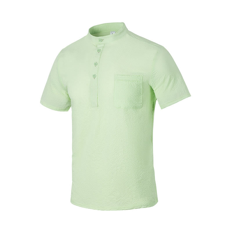 Buddha Stones Solid Color Polo Plaid Half Buttons Men's Short Sleeve Shirt - PaleGreen - US/UK/AU46,EU56 (3XL) - image 25