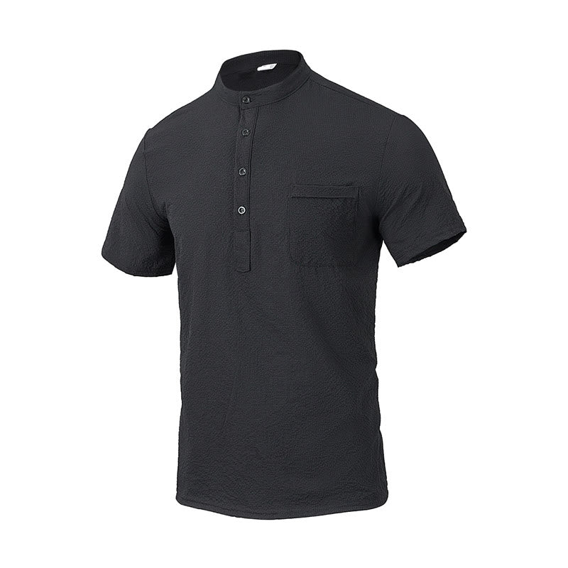 Buddha Stones Solid Color Polo Plaid Half Buttons Men's Short Sleeve Shirt - Black - US/UK/AU46,EU56 (3XL) - image 9