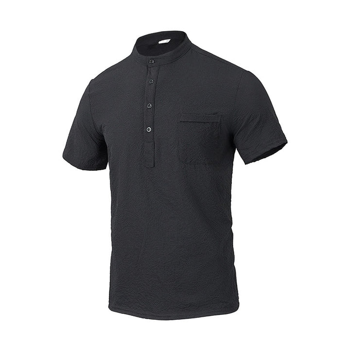 Buddha Stones Solid Color Polo Plaid Half Buttons Men's Short Sleeve Shirt - Black - US/UK/AU46,EU56 (3XL) - image 9