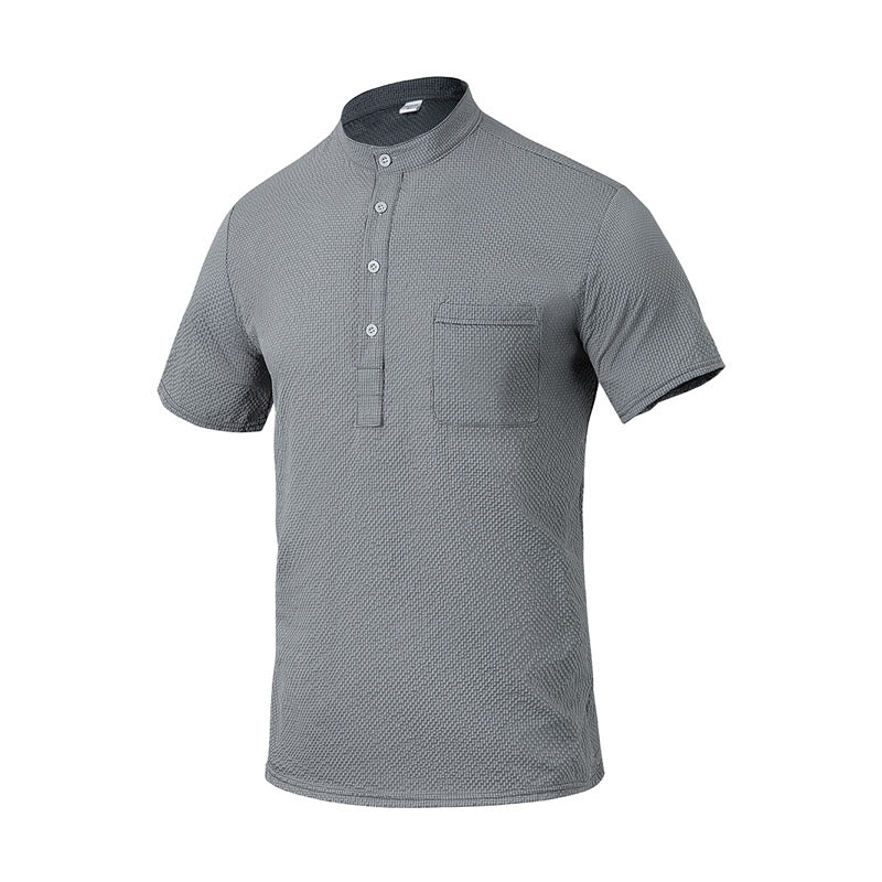 Buddha Stones Solid Color Polo Plaid Half Buttons Men's Short Sleeve Shirt - DarkGray - US/UK/AU46,EU56 (3XL) - image 16