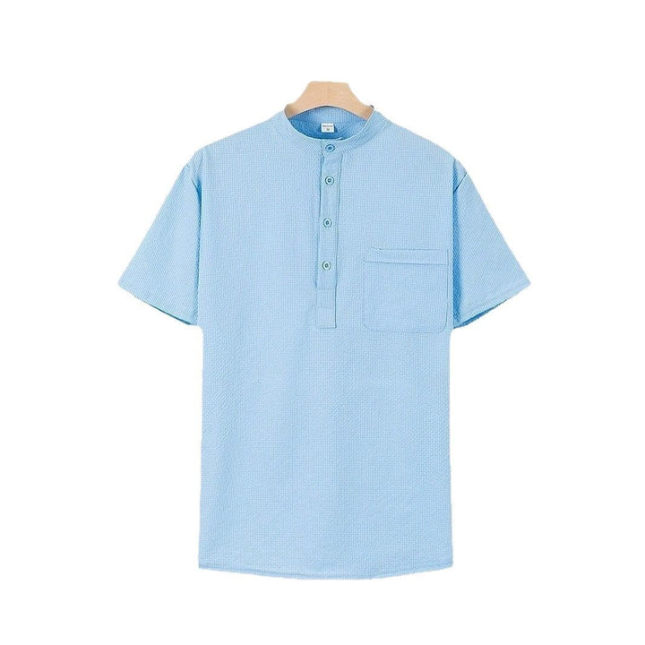 Buddha Stones Solid Color Polo Plaid Half Buttons Men's Short Sleeve Shirt - LightSkyBlue - US/UK/AU46,EU56 (3XL) - image 0
