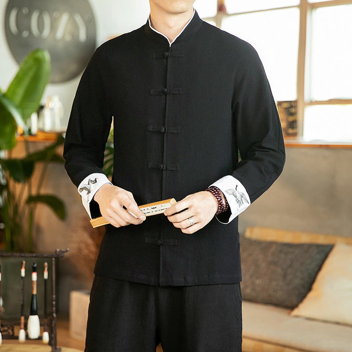 Buddha Stones Tang Suit Frog-Button Crane Embroidery Long Sleeve Cotton Men's Shirt - Black - US/UK/AU46,EU56 (5XL) - image 16