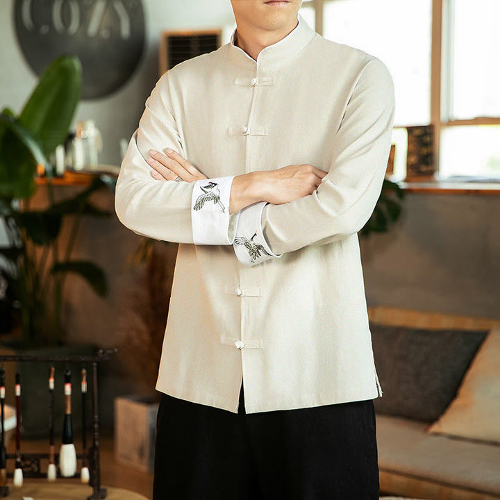 Buddha Stones Tang Suit Frog-Button Crane Embroidery Long Sleeve Cotton Men's Shirt - Beige - US/UK/AU46,EU56 (5XL) - image 8