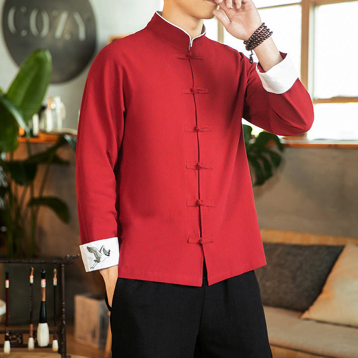 Buddha Stones Tang Suit Frog-Button Crane Embroidery Long Sleeve Cotton Men's Shirt - Red - US/UK/AU46,EU56 (5XL) - image 0