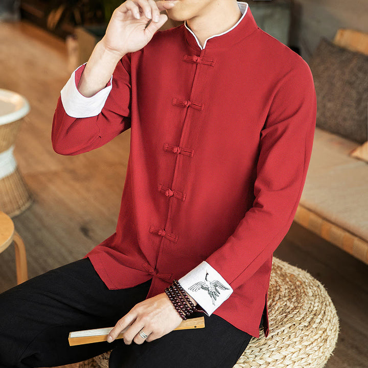 Buddha Stones Tang Suit Frog-Button Crane Embroidery Long Sleeve Cotton Men's Shirt - image 4