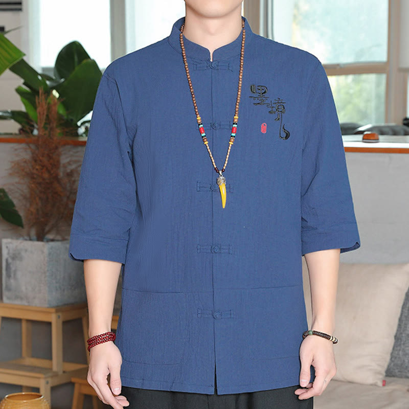 Buddha Stones Frog-Button Chinese Tang Suit Three Quarter Sleeve Cotton Linen Men's Shirt - SteelBlue - US/UK/AU46,EU56 (5XL) - image 22