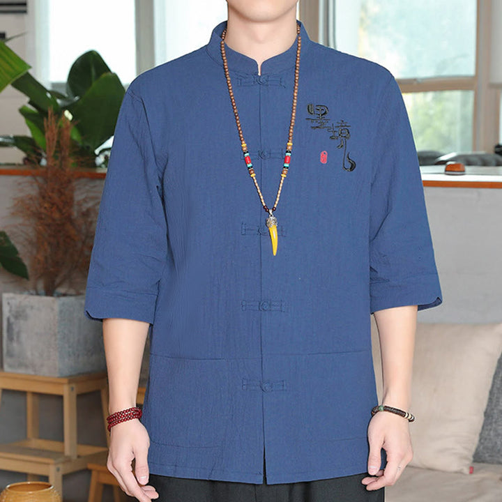 Buddha Stones Frog-Button Chinese Tang Suit Three Quarter Sleeve Cotton Linen Men's Shirt - SteelBlue - US/UK/AU46,EU56 (5XL) - image 22