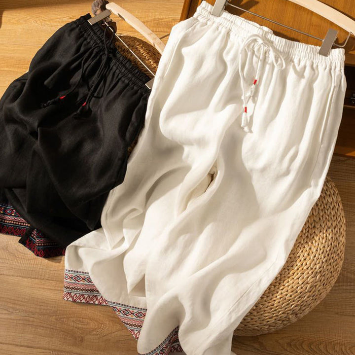 Buddha Stones Casual Embroidery Bohemian Pattern Drawstring Cotton Linen Women's Wide Leg Pants With Pockets - image 17