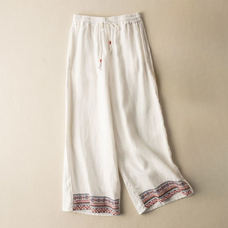 Buddha Stones Casual Embroidery Bohemian Pattern Drawstring Cotton Linen Women's Wide Leg Pants With Pockets - OldLace - US12,UK/AU16,EU44 (XL) - image 12