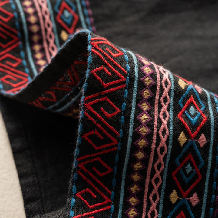 Buddha Stones Casual Embroidery Bohemian Pattern Drawstring Cotton Linen Women's Wide Leg Pants With Pockets - image 11