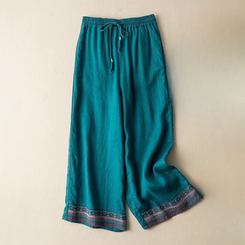 Buddha Stones Casual Embroidery Bohemian Pattern Drawstring Cotton Linen Women's Wide Leg Pants With Pockets - LightSeaGreen - US12,UK/AU16,EU44 (XL) - image 5
