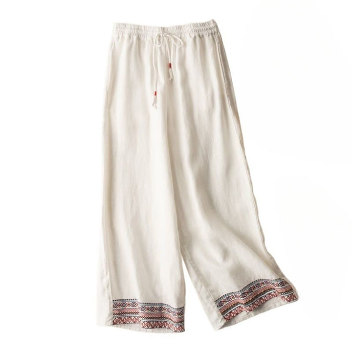 Buddha Stones Casual Embroidery Bohemian Pattern Drawstring Cotton Linen Women's Wide Leg Pants With Pockets - image 16