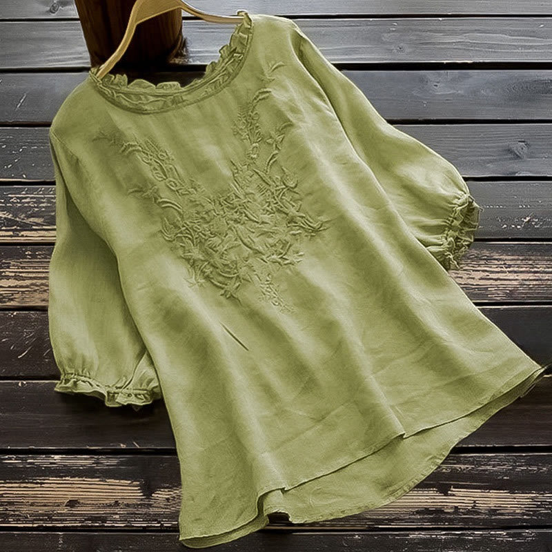 Buddha Stones Casual Embroidery Half Puff Sleeve Ruffles Crew Neck Cotton Linen Women's T-Shirt - LightGreen - US14,UK/AU18,EU46 (4XL) - image 0