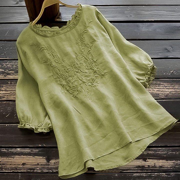 Buddha Stones Casual Embroidery Half Puff Sleeve Ruffles Crew Neck Cotton Linen Women's T-Shirt - LightGreen - US14,UK/AU18,EU46 (4XL) - image 0