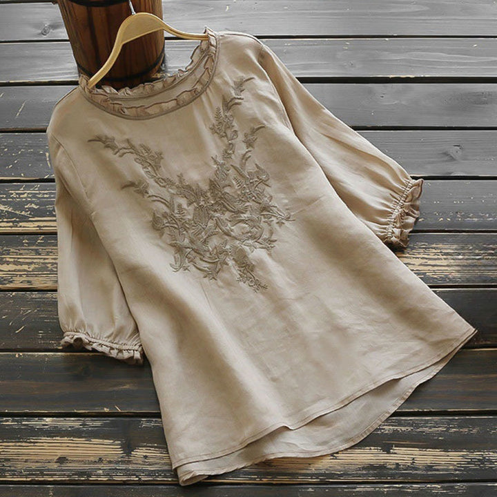 Buddha Stones Casual Embroidery Half Puff Sleeve Ruffles Crew Neck Cotton Linen Women's T-Shirt - Tan - US14,UK/AU18,EU46 (4XL) - image 8