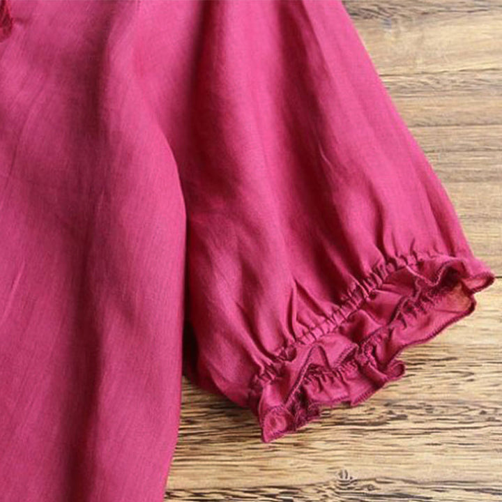 Buddha Stones Casual Embroidery Half Puff Sleeve Ruffles Crew Neck Cotton Linen Women's T-Shirt - image 7