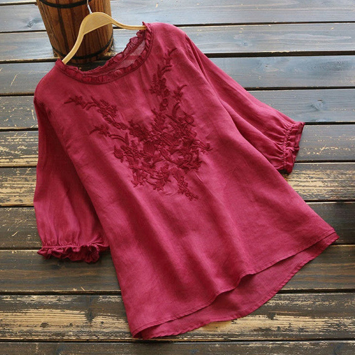 Buddha Stones Casual Embroidery Half Puff Sleeve Ruffles Crew Neck Cotton Linen Women's T-Shirt - MediumVioletRed - US14,UK/AU18,EU46 (4XL) - image 4