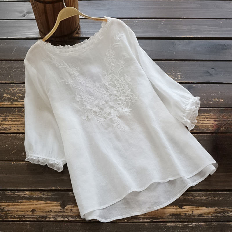 Buddha Stones Casual Embroidery Half Puff Sleeve Ruffles Crew Neck Cotton Linen Women's T-Shirt - Snow - US14,UK/AU18,EU46 (4XL) - image 1