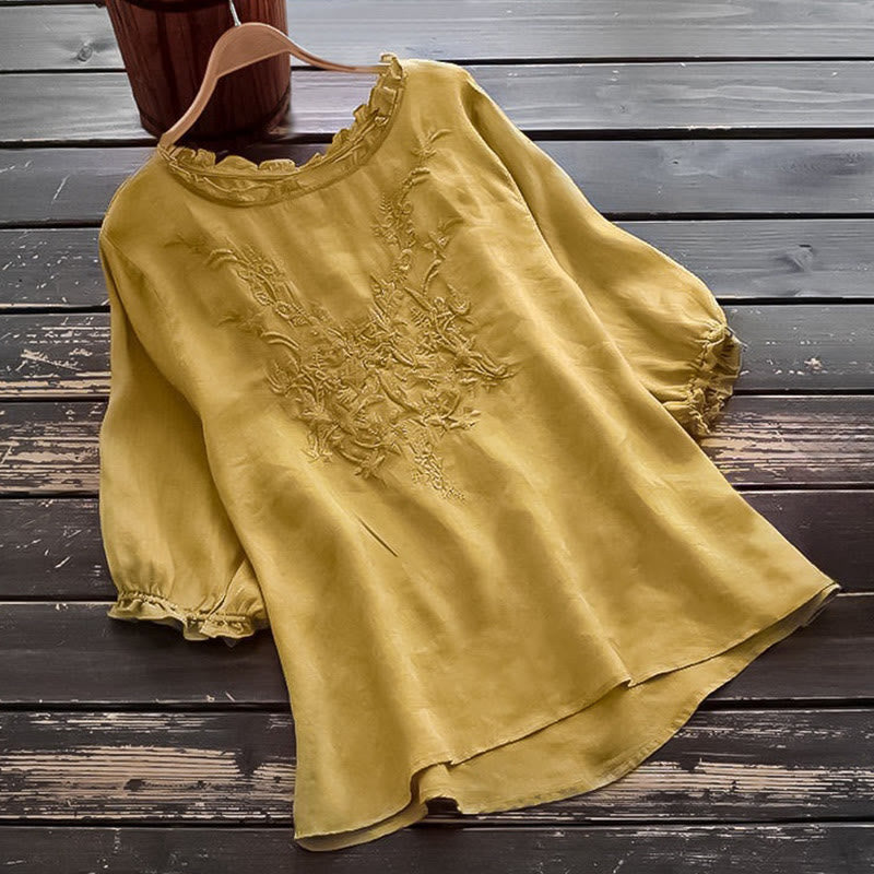 Buddha Stones Casual Embroidery Half Puff Sleeve Ruffles Crew Neck Cotton Linen Women's T-Shirt - Gold - US14,UK/AU18,EU46 (4XL) - image 12