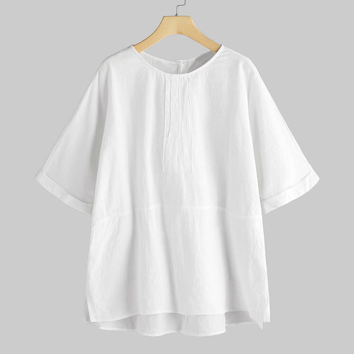 Buddha Stones Summer Casual Plain Half Sleeve Crew Neck Side Slit Women's T-Shirt - FloralWhite - US20,UK/AU24,EU52 (5XL) - image 0