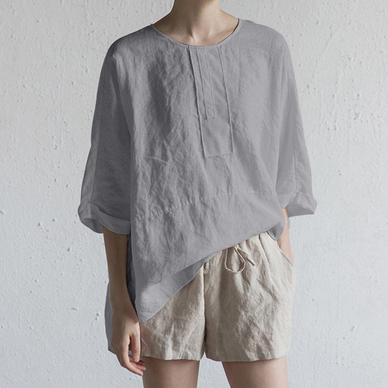 Buddha Stones Summer Casual Plain Half Sleeve Crew Neck Side Slit Women's T-Shirt - Silver - US20,UK/AU24,EU52 (5XL) - image 4