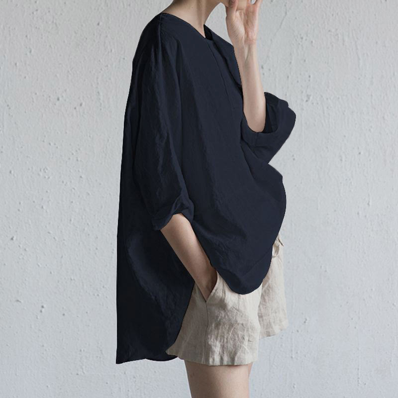 Buddha Stones Summer Casual Plain Half Sleeve Crew Neck Side Slit Women's T-Shirt - Navy - US20,UK/AU24,EU52 (5XL) - image 6