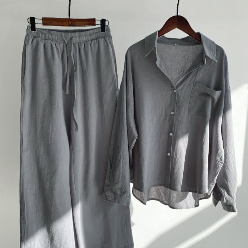 Buddha Stones 2Pcs Long Sleeve Shirt Top With Pockets Drawstring Pants Meditation Cotton Clothing Women's Set - Gray - US20,UK/AU24,EU52 (5XL) - image 11