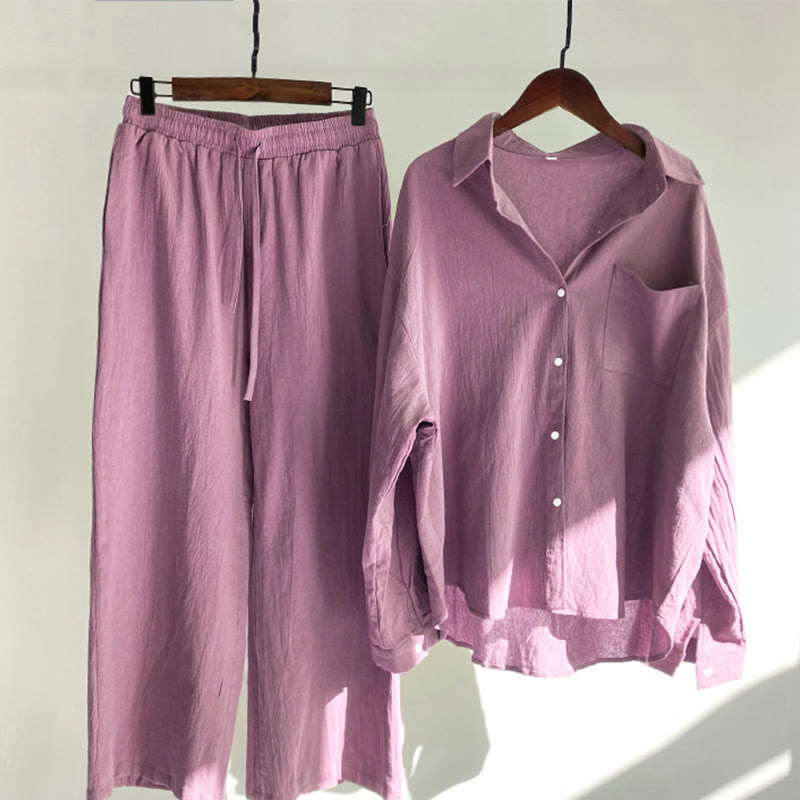 Buddha Stones 2Pcs Long Sleeve Shirt Top With Pockets Drawstring Pants Meditation Cotton Clothing Women's Set - PaleVioletRed - US20,UK/AU24,EU52 (5XL) - image 12