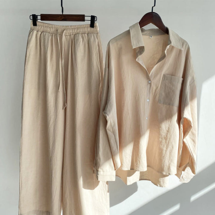 Buddha Stones 2Pcs Long Sleeve Shirt Top With Pockets Drawstring Pants Meditation Cotton Clothing Women's Set - LightGoldenrodYellow - US20,UK/AU24,EU52 (5XL) - image 2