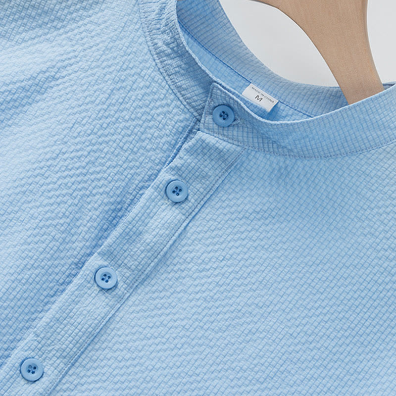 Buddha Stones Solid Color Polo Plaid Half Buttons Men's Short Sleeve Shirt - image 3