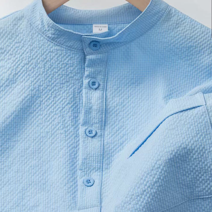 Buddha Stones Solid Color Polo Plaid Half Buttons Men's Short Sleeve Shirt - image 4