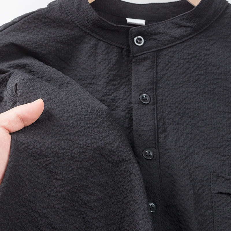 Buddha Stones Solid Color Polo Plaid Half Buttons Men's Short Sleeve Shirt - image 13