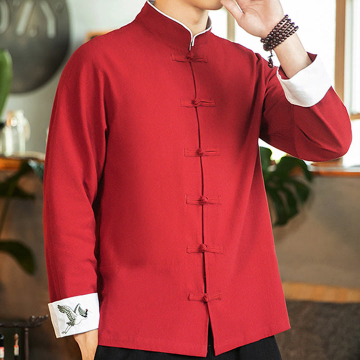Buddha Stones Tang Suit Frog-Button Crane Embroidery Long Sleeve Cotton Men's Shirt - image 5