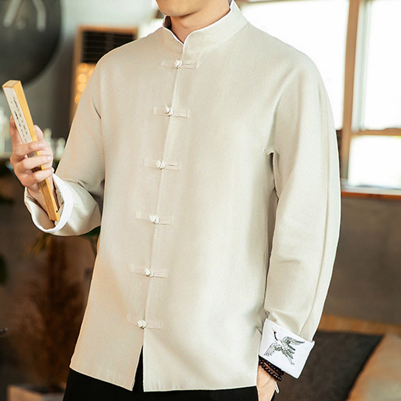 Buddha Stones Tang Suit Frog-Button Crane Embroidery Long Sleeve Cotton Men's Shirt - image 12