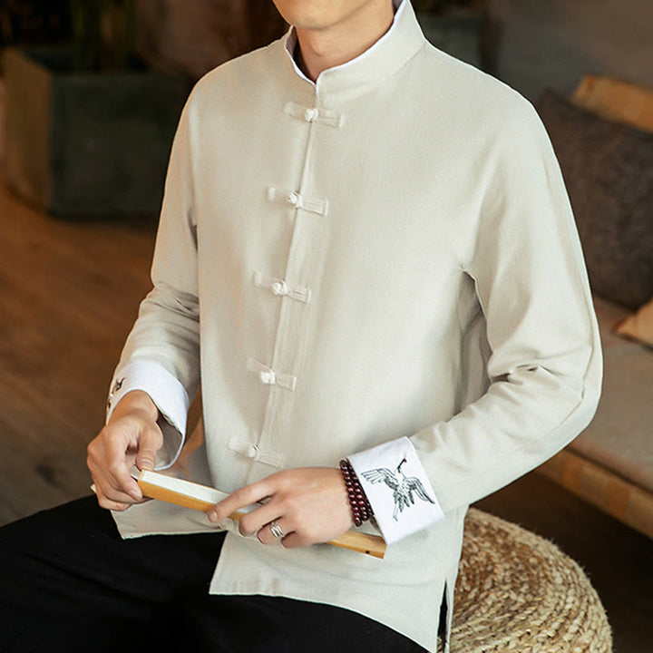 Buddha Stones Tang Suit Frog-Button Crane Embroidery Long Sleeve Cotton Men's Shirt - image 13