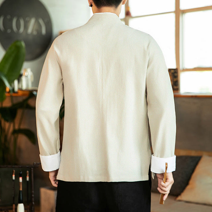 Buddha Stones Tang Suit Frog-Button Crane Embroidery Long Sleeve Cotton Men's Shirt - image 10
