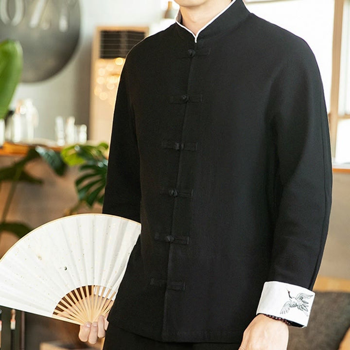 Buddha Stones Tang Suit Frog-Button Crane Embroidery Long Sleeve Cotton Men's Shirt - image 22