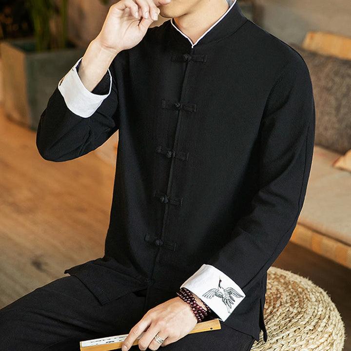 Buddha Stones Tang Suit Frog-Button Crane Embroidery Long Sleeve Cotton Men's Shirt - image 23