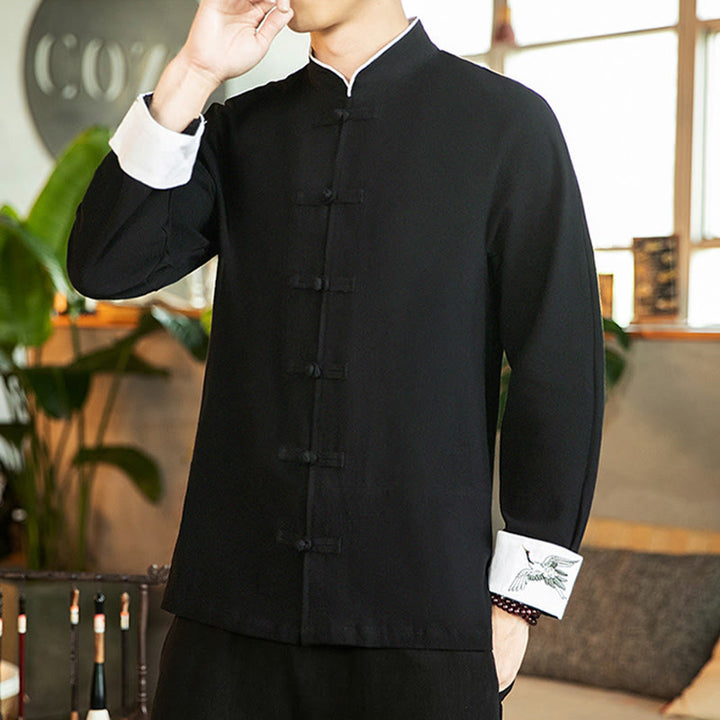 Buddha Stones Tang Suit Frog-Button Crane Embroidery Long Sleeve Cotton Men's Shirt - image 17