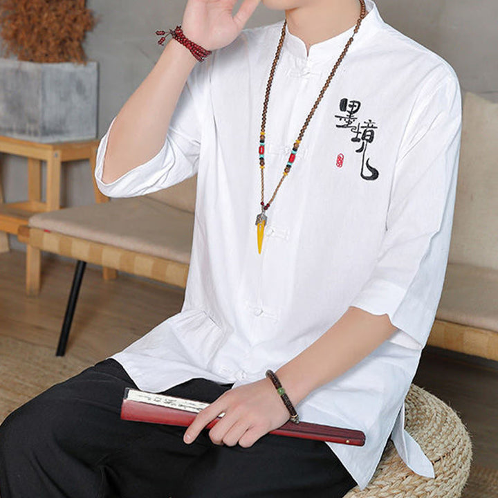 Buddha Stones Frog-Button Chinese Tang Suit Three Quarter Sleeve Cotton Linen Men's Shirt - image 10