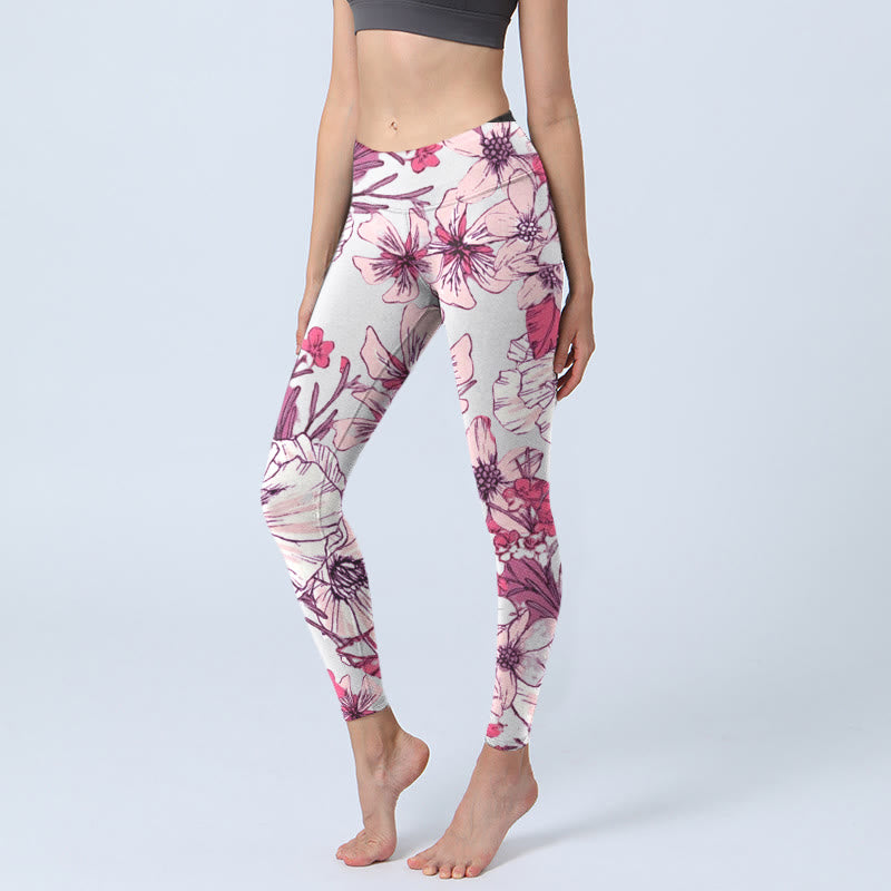 Buddha Stones Pink Rose Red Flowers Print Exercise Leggings Women's Yoga Pants - Beige - US18,UK/AU22,EU50 (4XL) - image 0