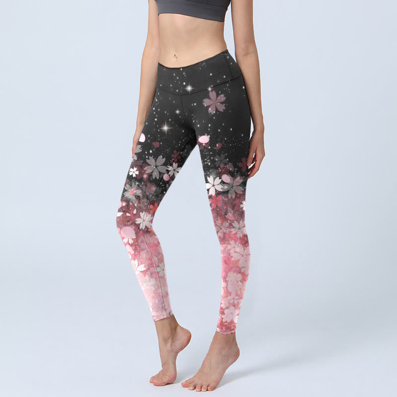 Buddha Stones Pink Cherry Blossoms Print Exercise Leggings Women's Yoga Pants - Black - US18,UK/AU22,EU50 (4XL) - image 0