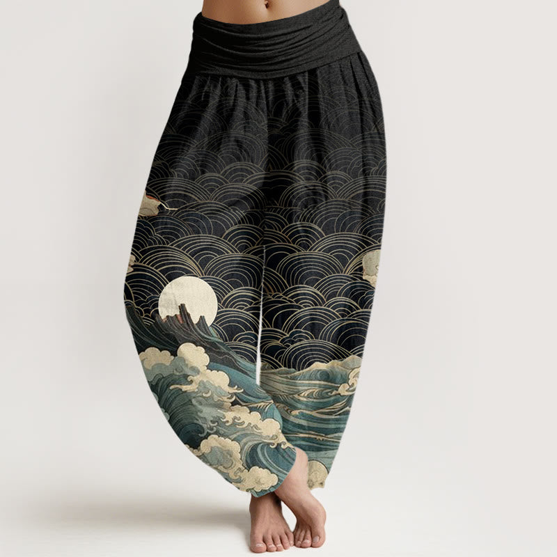Buddha Stones Casual Wave Moon Mountain Pattern Women's Elastic Waist Harem Pants - Black - US22,UK/AU26,EU54 (6XL) - image 0