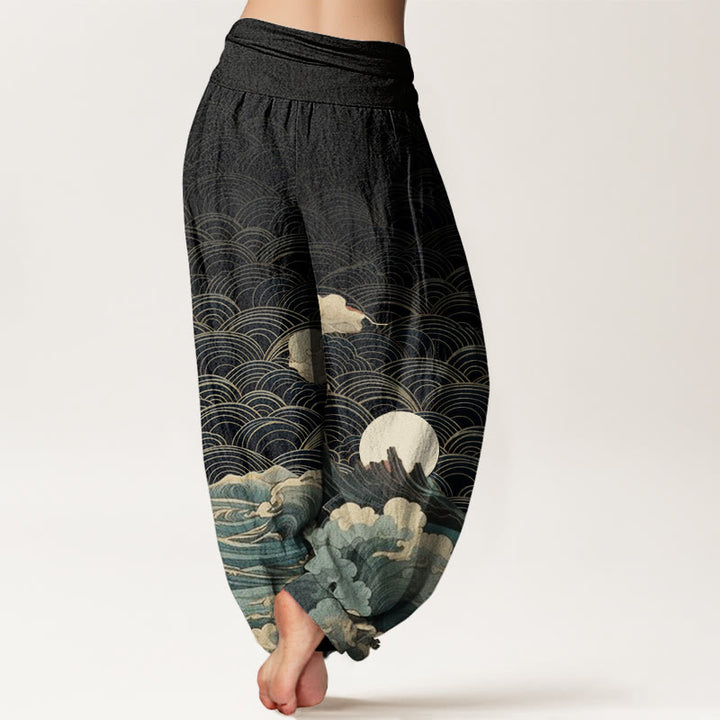 Buddha Stones Casual Wave Moon Mountain Pattern Women's Elastic Waist Harem Pants - image 2