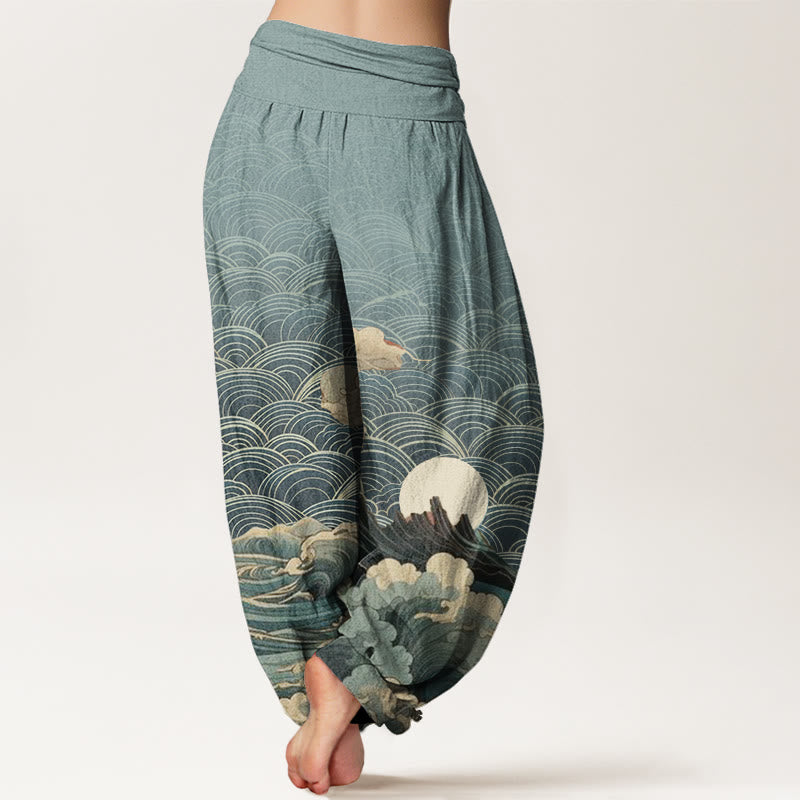 Buddha Stones Casual Wave Moon Mountain Pattern Women's Elastic Waist Harem Pants - image 6