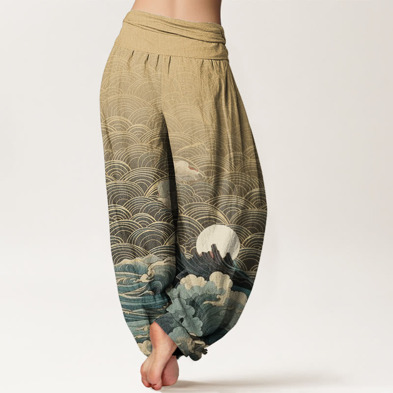 Buddha Stones Casual Wave Moon Mountain Pattern Women's Elastic Waist Harem Pants - image 9