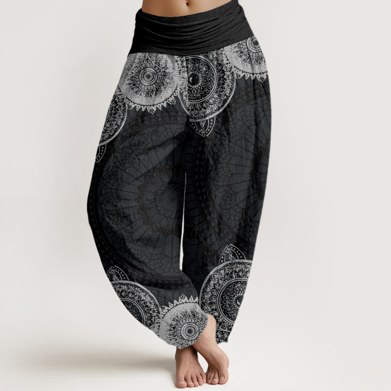 Buddha Stones Circular Mandala Design Women's Elastic Waist Harem Pants - Black - US22,UK/AU26,EU54 (6XL) - image 0