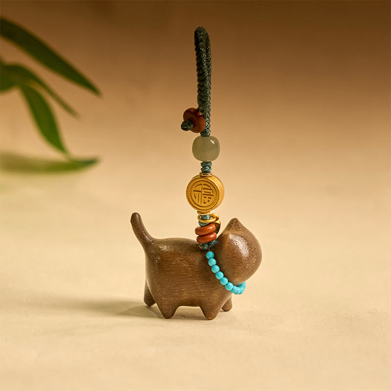 Buddha Stones Hetian Jade Natural Sandalwood Red Sandalwood Green Sandalwood Fu Character Abundance Key Chain - Green Sandalwood - image 0