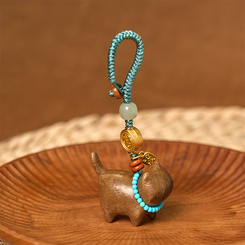 Buddha Stones Hetian Jade Natural Sandalwood Red Sandalwood Green Sandalwood Fu Character Abundance Key Chain - image 1