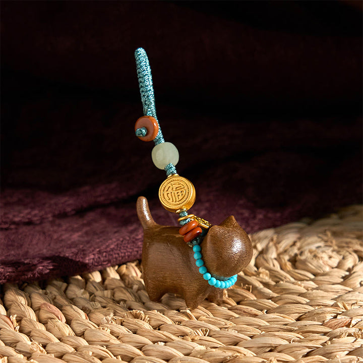 Buddha Stones Hetian Jade Natural Sandalwood Red Sandalwood Green Sandalwood Fu Character Abundance Key Chain - image 6